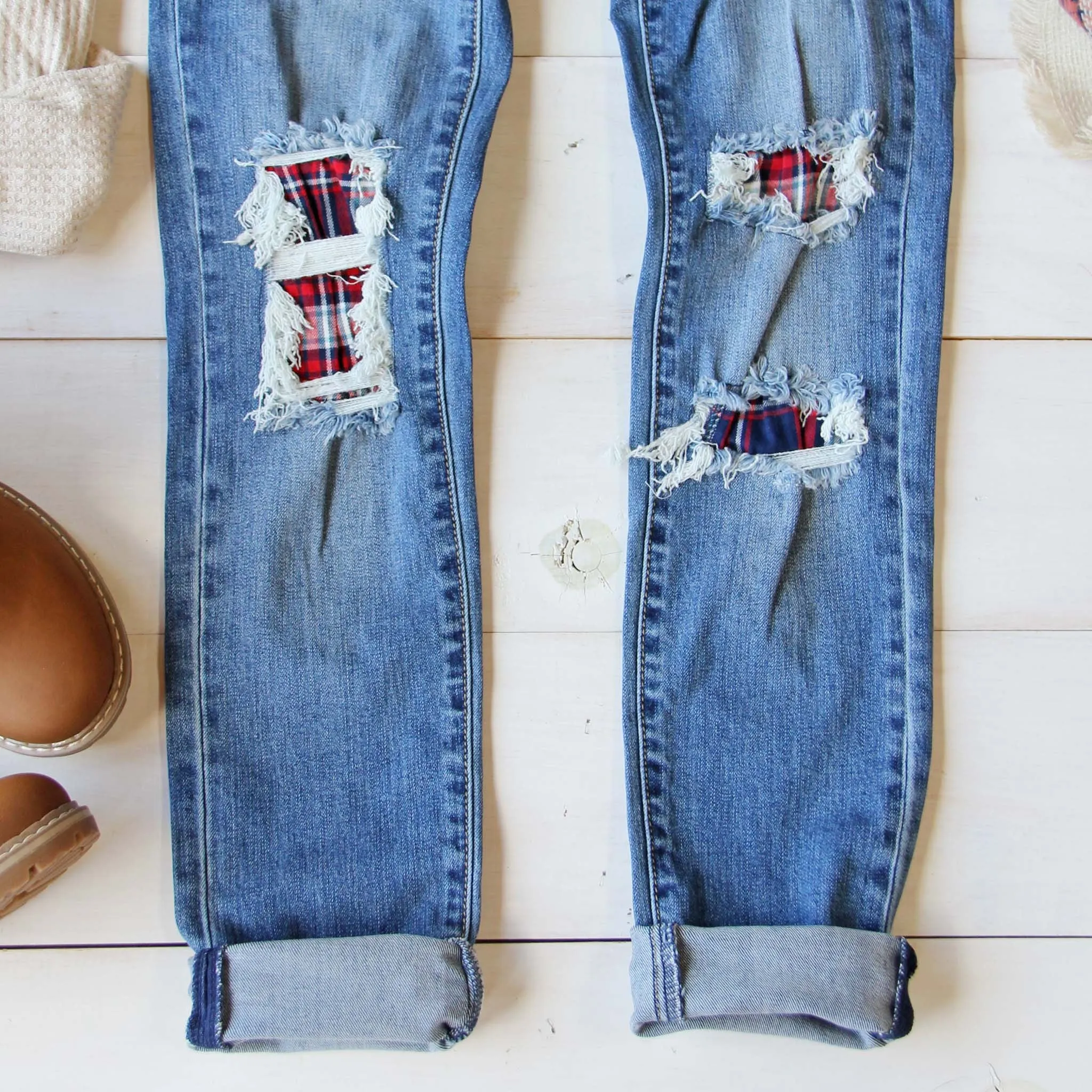 Plaid Patch Skinny Jeans