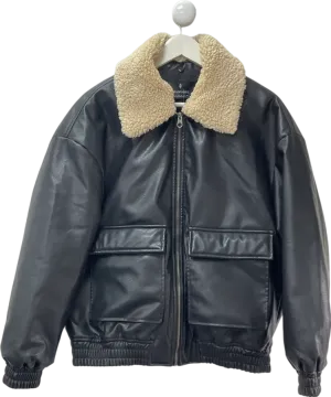 Stradivarius Black Leather Bomber Jacket With Borg Collar UK L