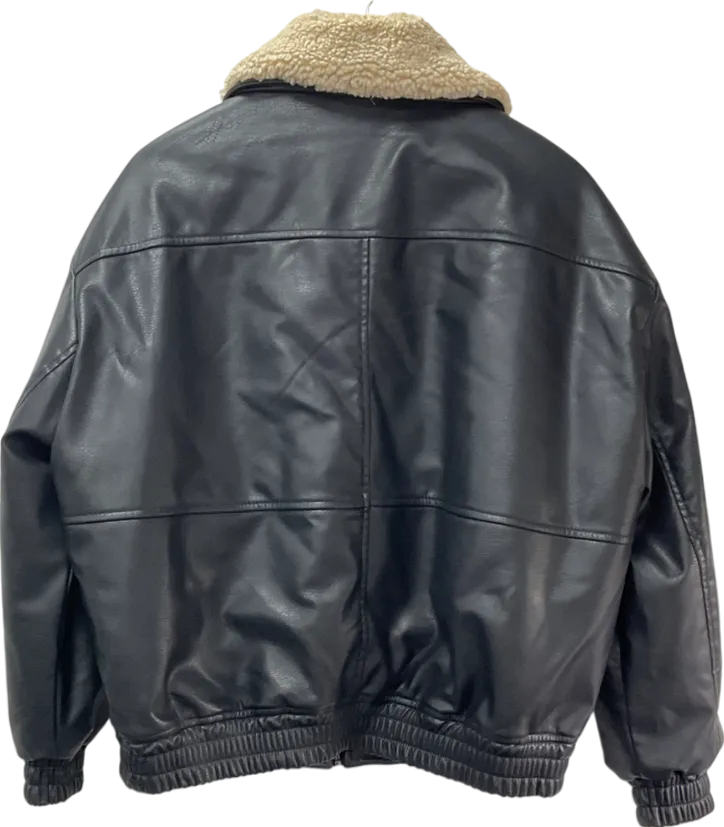 Stradivarius Black Leather Bomber Jacket With Borg Collar UK L