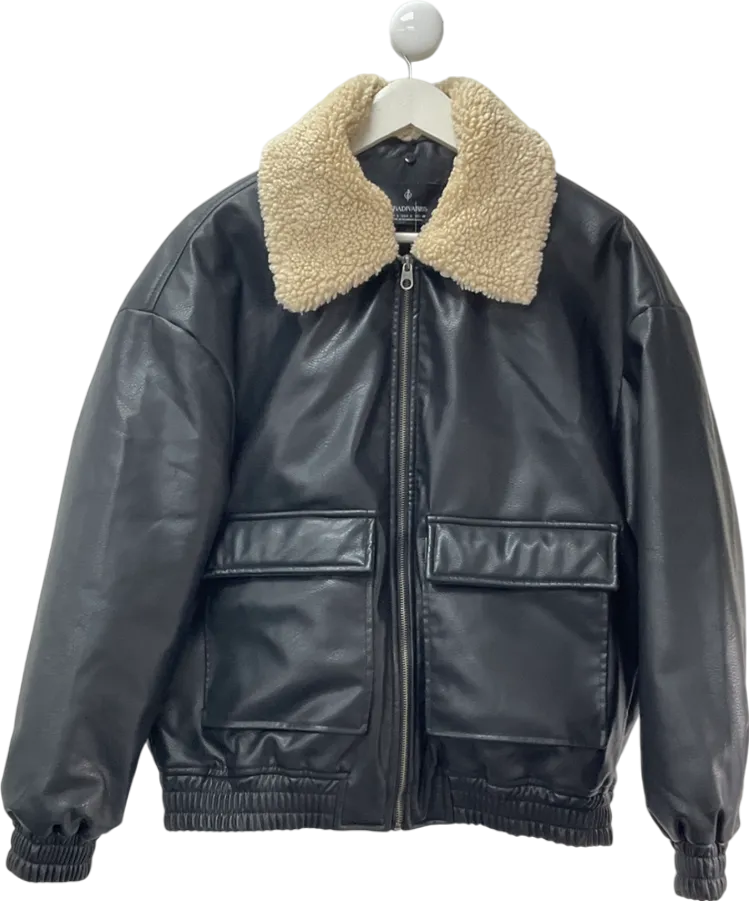 Stradivarius Black Leather Bomber Jacket With Borg Collar UK L